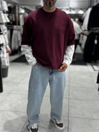 Burgundy Panelled Sleeve Lightweight Oversized Sweatshirt PM-206