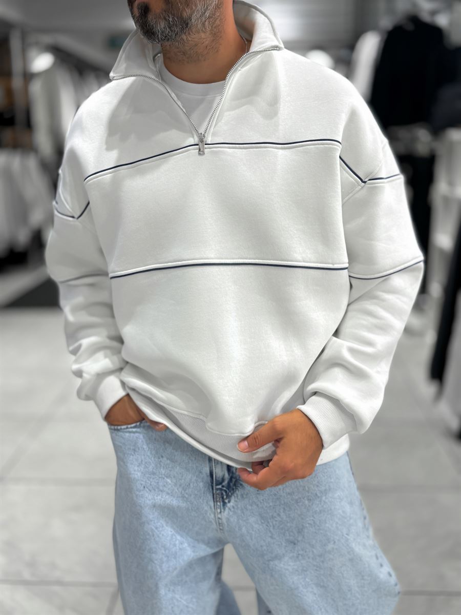 White Half-Zip Piped Sweatshirt PM-118