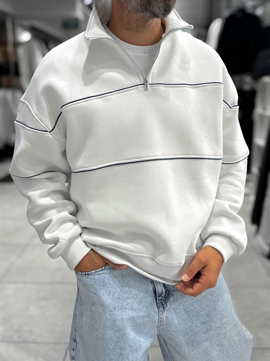 White Half-Zip Piped Sweatshirt PM-118