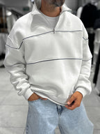 White Half-Zip Piped Sweatshirt PM-118