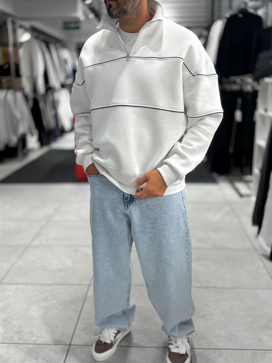 White Half-Zip Piped Sweatshirt PM-118
