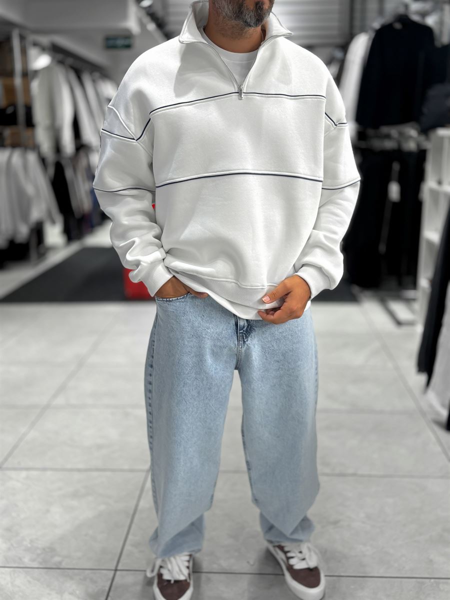 White Half-Zip Piped Sweatshirt PM-118