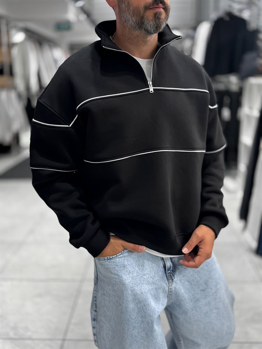 Black Half-Zip Piped Sweatshirt PM-118