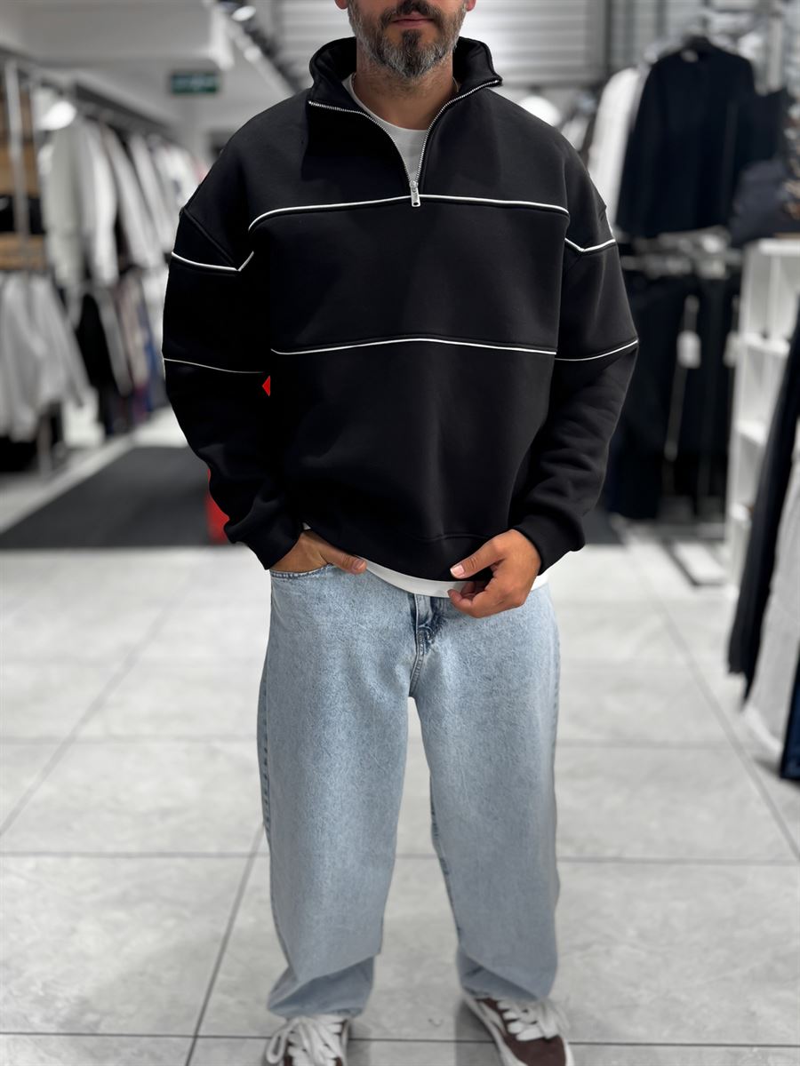 Black Half-Zip Piped Sweatshirt PM-118