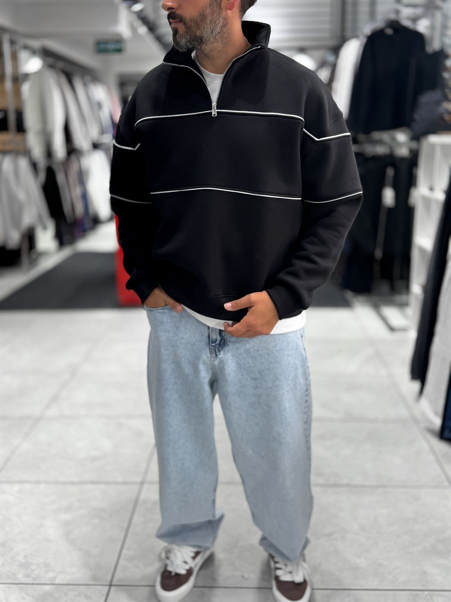 Black Half-Zip Piped Sweatshirt PM-118