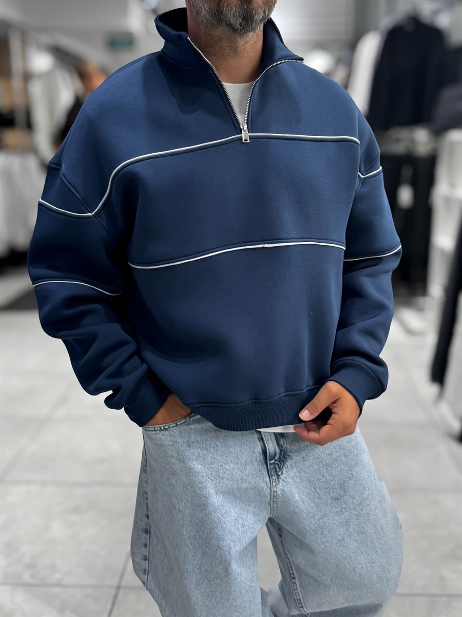 Navy Half-Zip Piped Sweatshirt PM-118