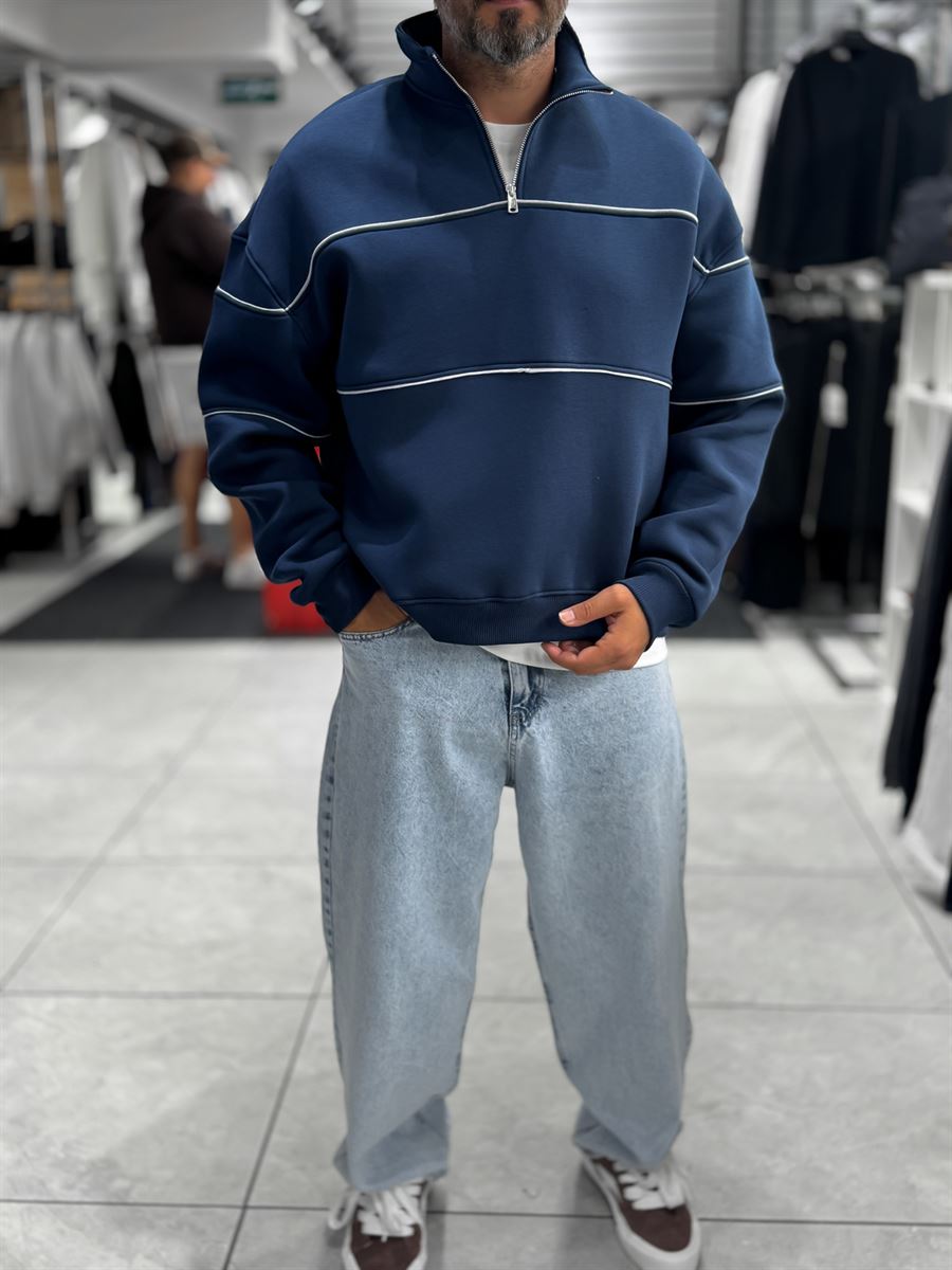 Navy Half-Zip Piped Sweatshirt PM-118