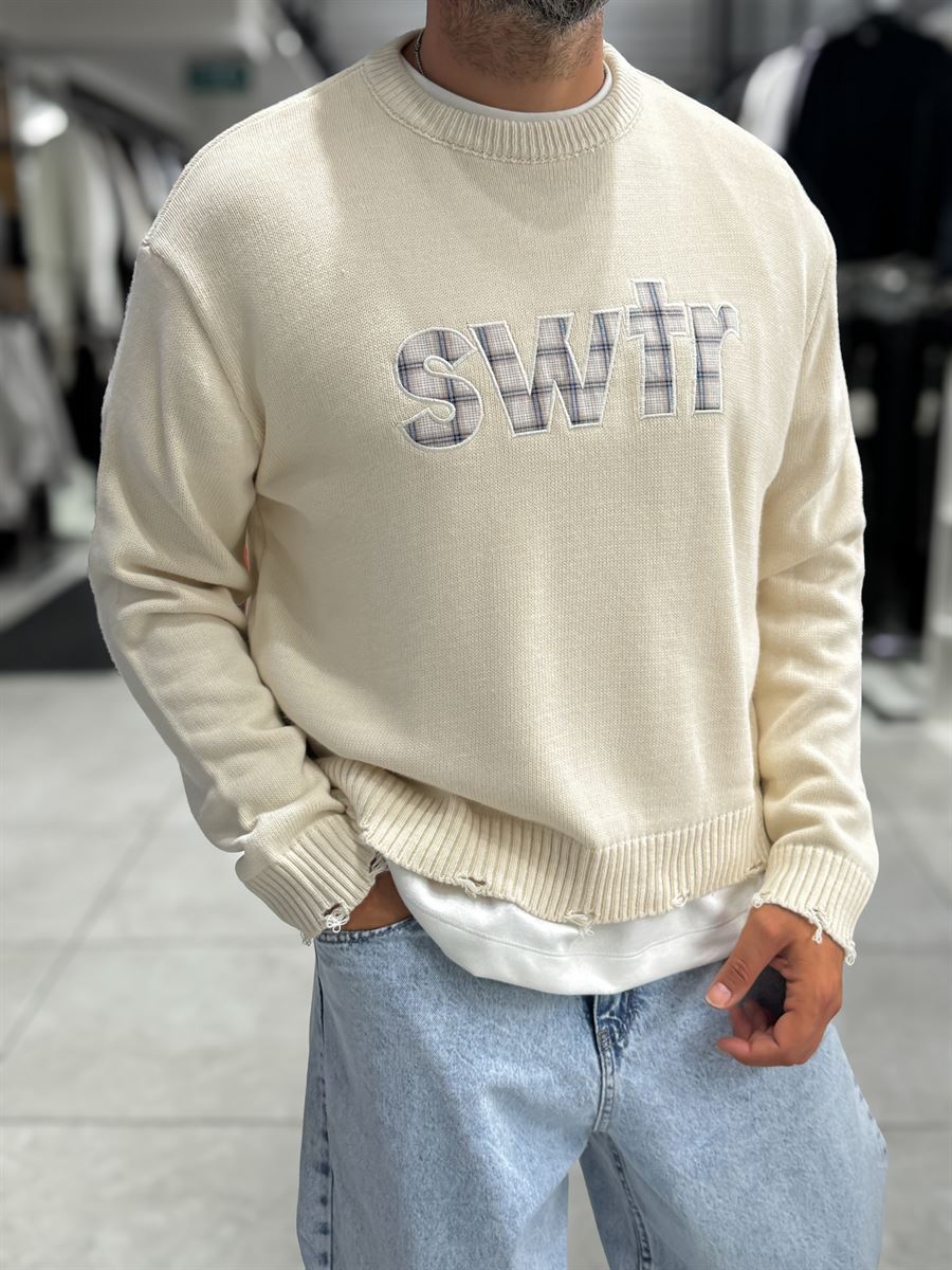 Beige Front Patch Oversized Knit Sweatshirt PM-011