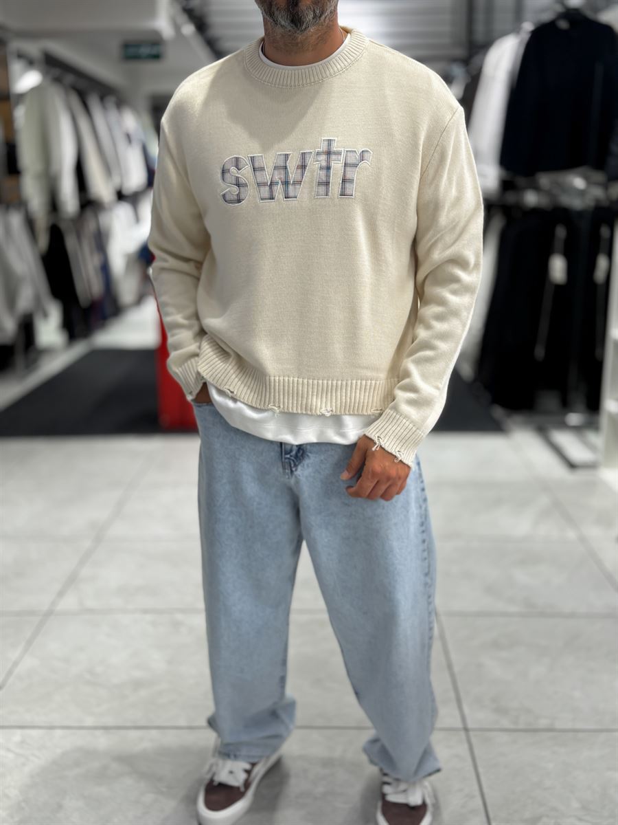 Beige Front Patch Oversized Knit Sweatshirt PM-011