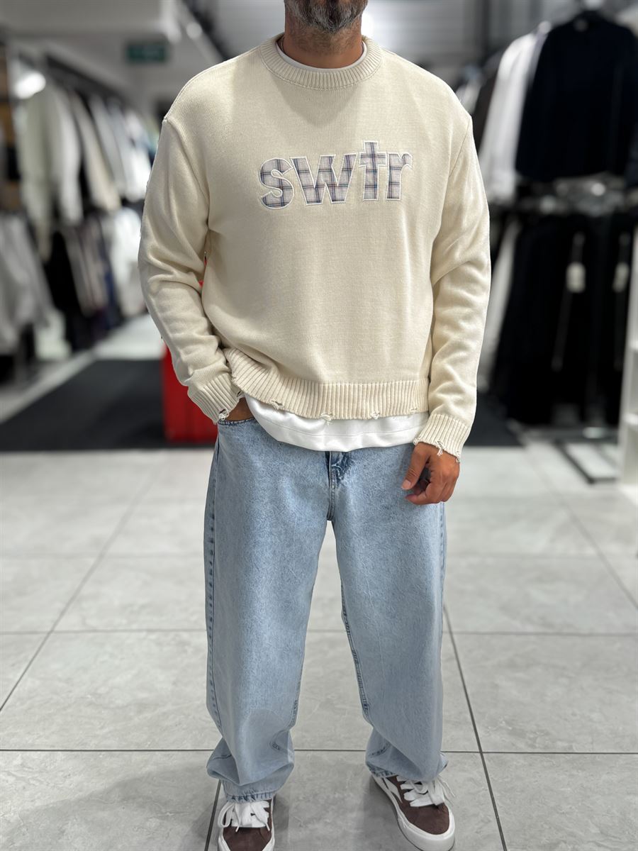 Beige Front Patch Oversized Knit Sweatshirt PM-011