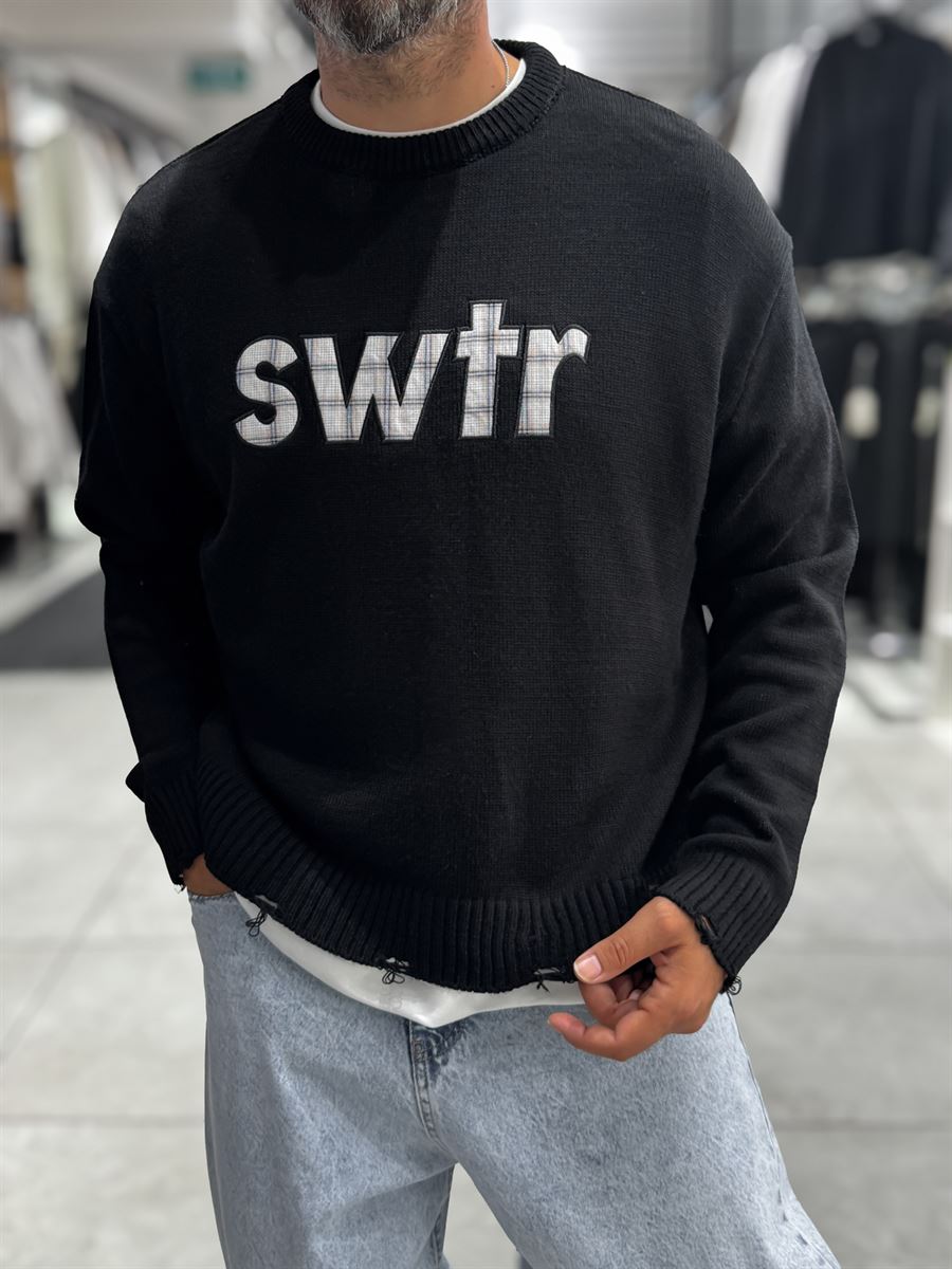 Black Front Patch Oversized Knit Sweatshirt PM-011