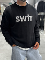 Black Front Patch Oversized Knit Sweatshirt PM-011