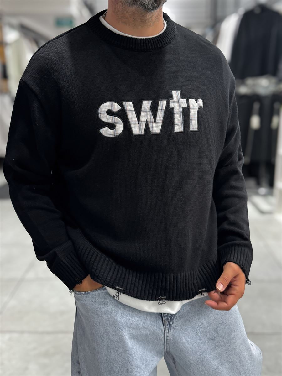 Black Front Patch Oversized Knit Sweatshirt PM-011