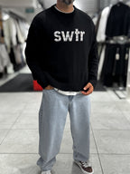 Black Front Patch Oversized Knit Sweatshirt PM-011