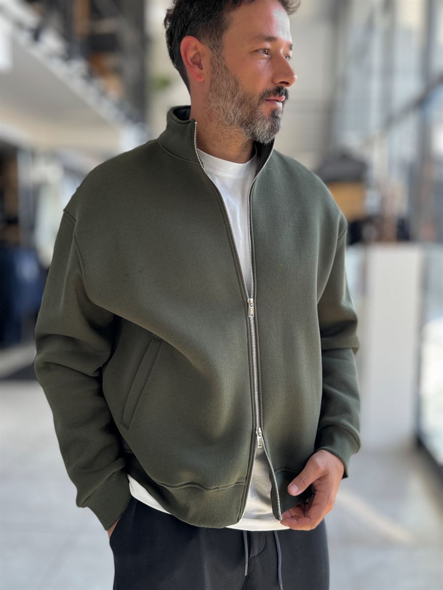 Khaki Collared Zip-Up Oversized Sweatshirt PM-109