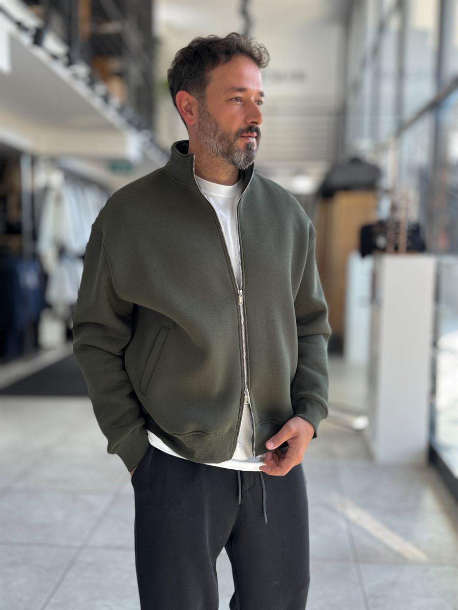 Khaki Collared Zip-Up Oversized Sweatshirt PM-109