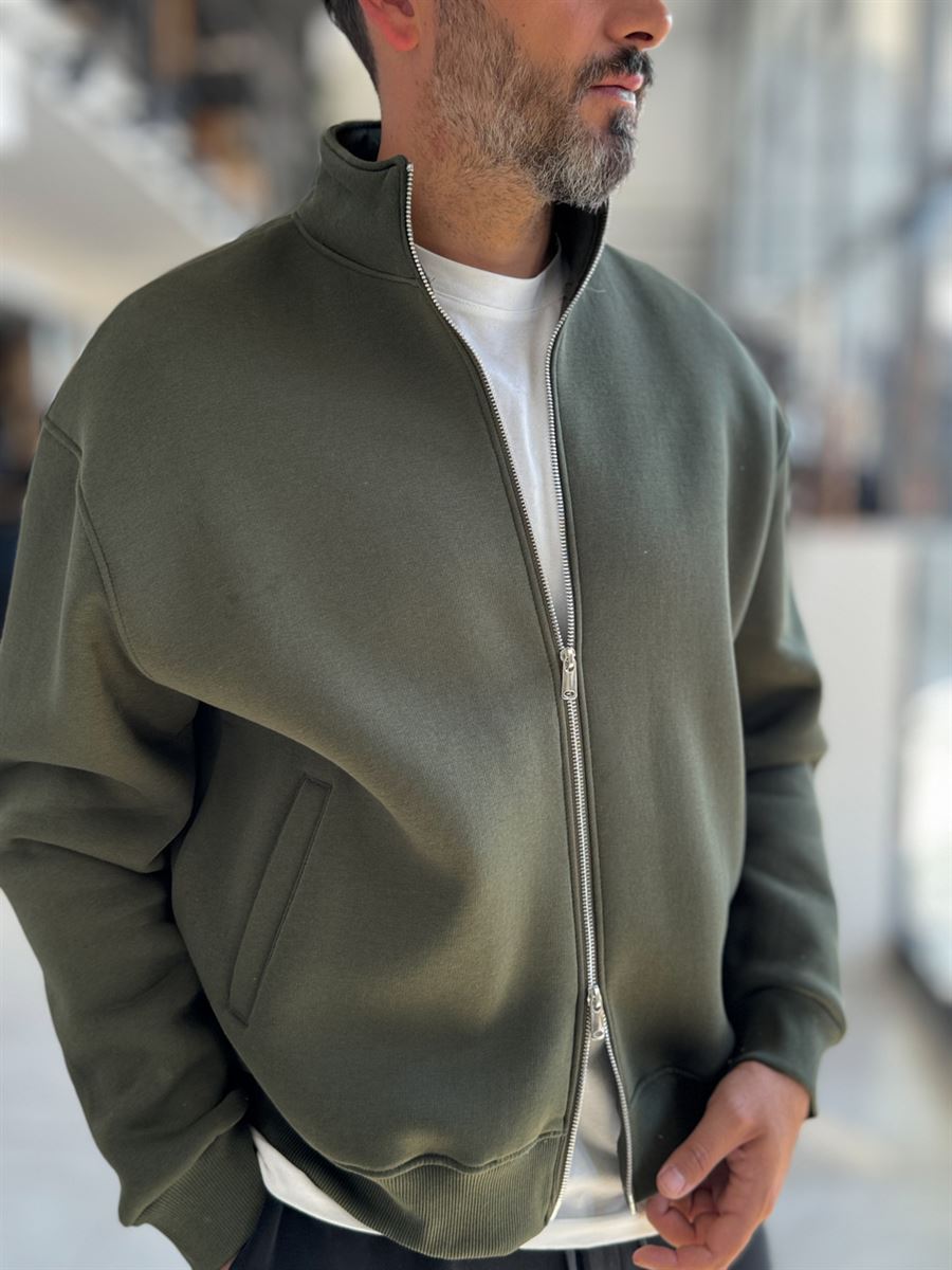 Khaki Collared Zip-Up Oversized Sweatshirt PM-109