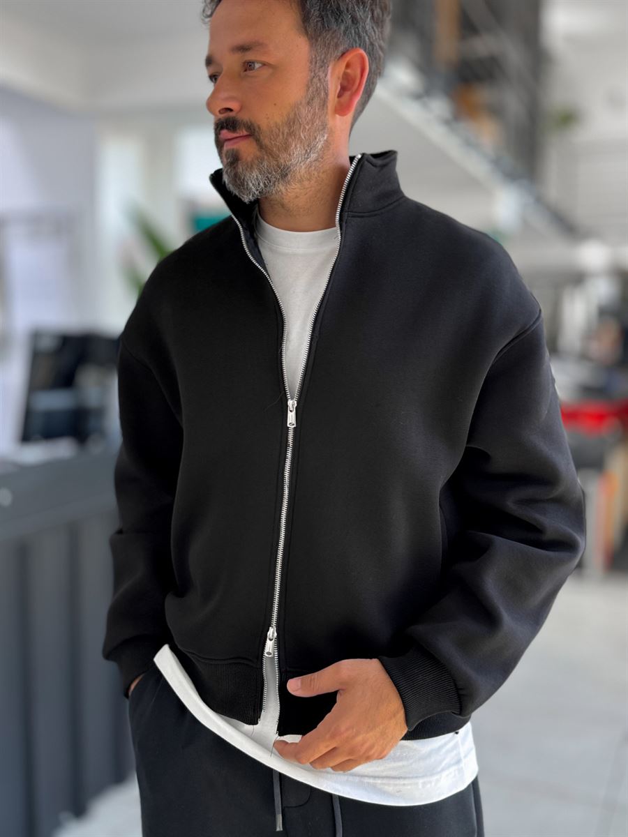 Black Collared Zip-Up Oversized Sweatshirt PM-109
