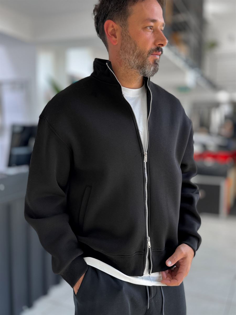 Black Collared Zip-Up Oversized Sweatshirt PM-109