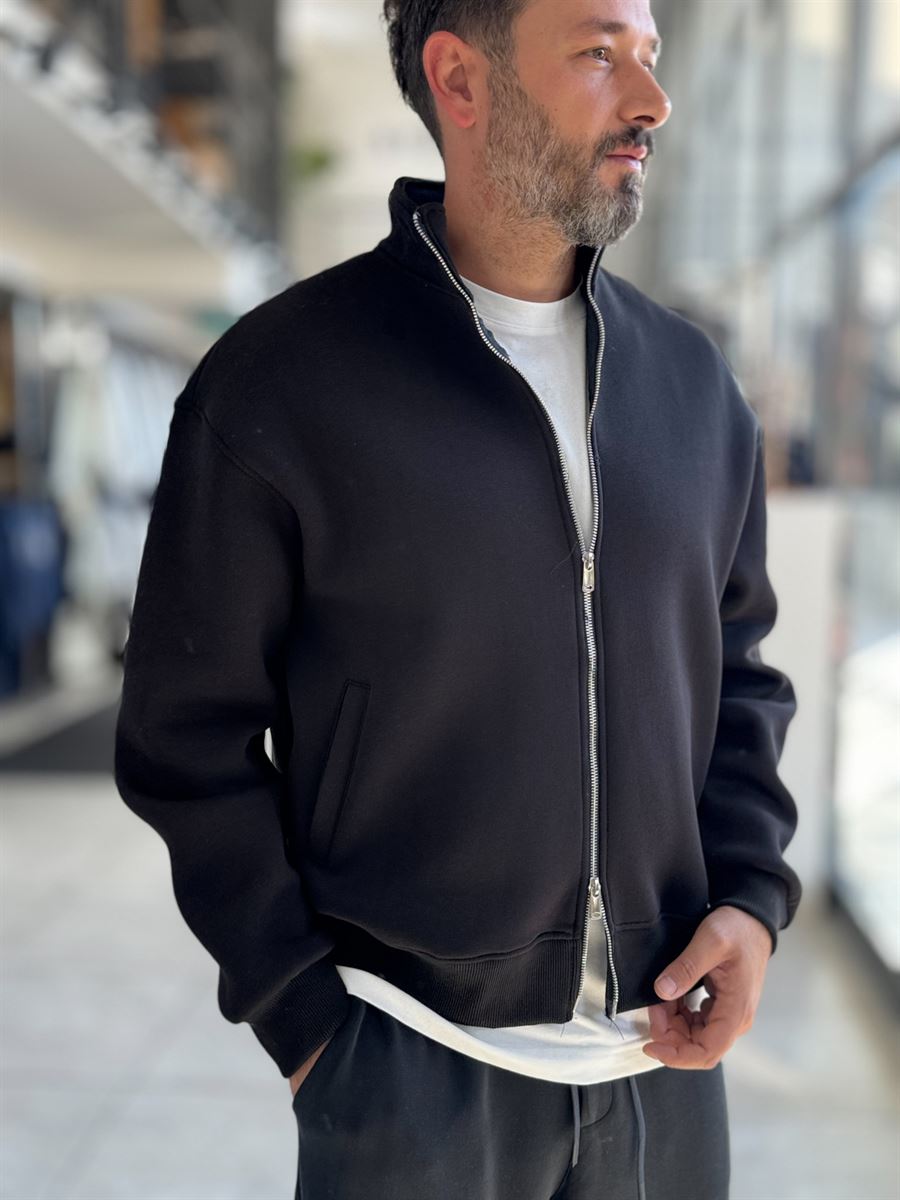 Black Collared Zip-Up Oversized Sweatshirt PM-109