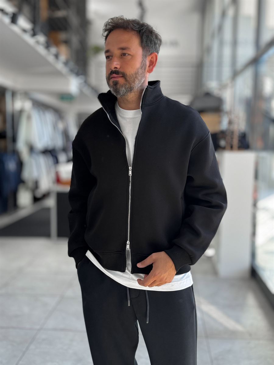 Black Collared Zip-Up Oversized Sweatshirt PM-109