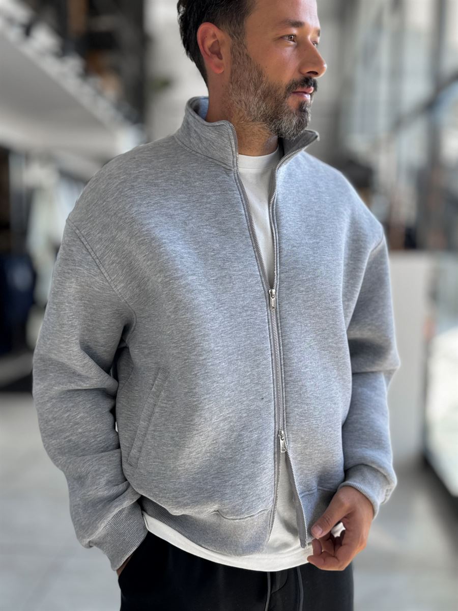 Gray Collared Zip-Up Oversized Sweatshirt PM-109