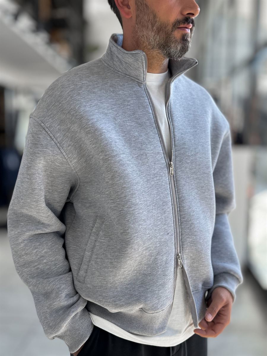 Gray Collared Zip-Up Oversized Sweatshirt PM-109