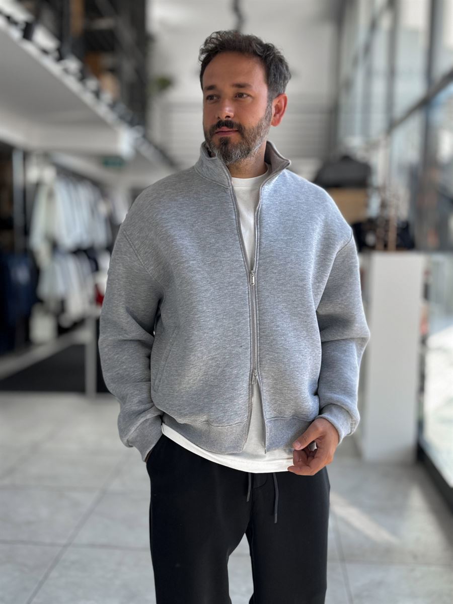 Gray Collared Zip-Up Oversized Sweatshirt PM-109