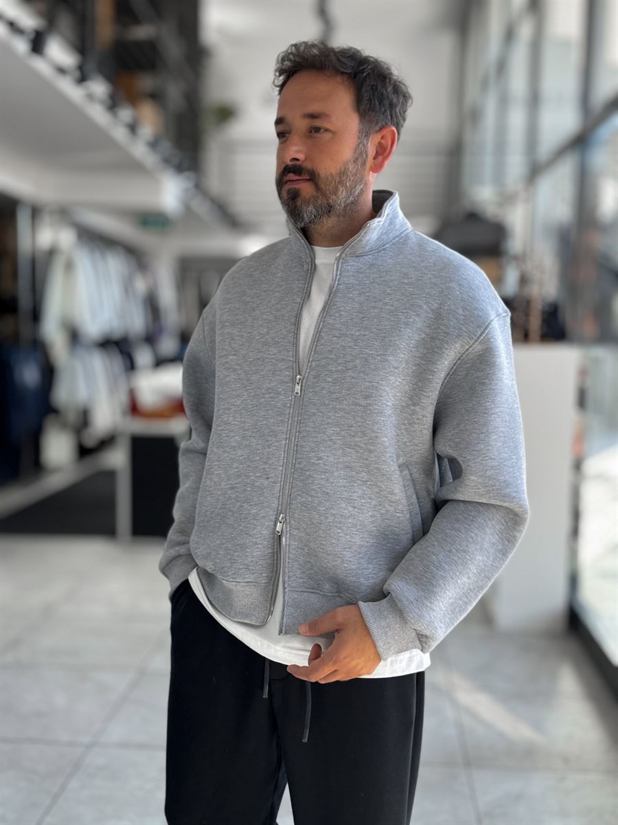Gray Collared Zip-Up Oversized Sweatshirt PM-109