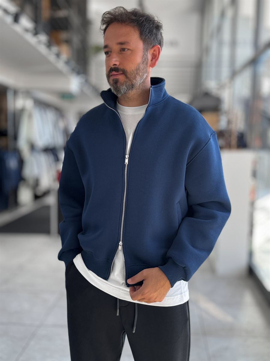 Navy Collared Zip-Up Oversized Sweatshirt PM-109