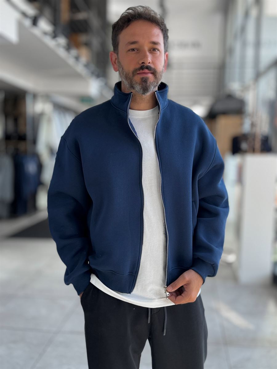Navy Collared Zip-Up Oversized Sweatshirt PM-109