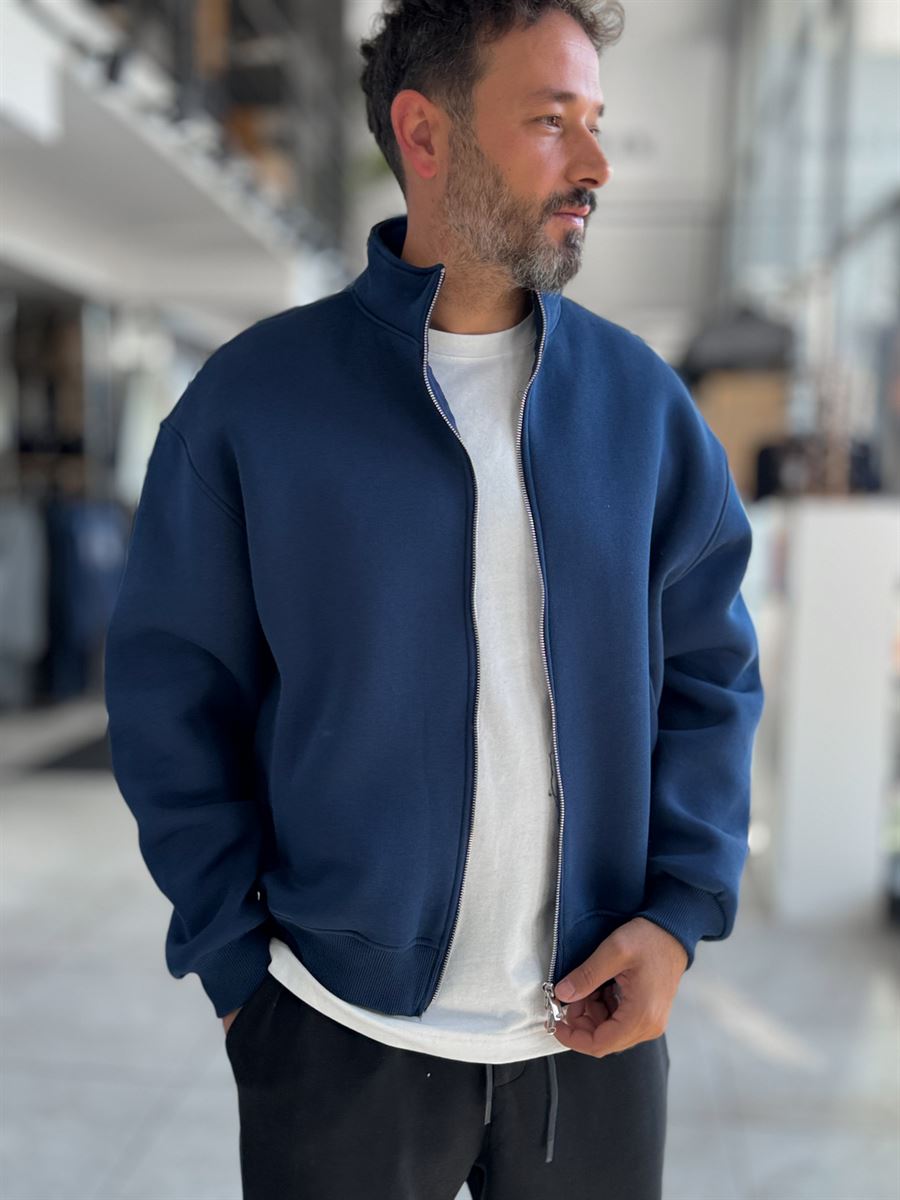 Navy Collared Zip-Up Oversized Sweatshirt PM-109