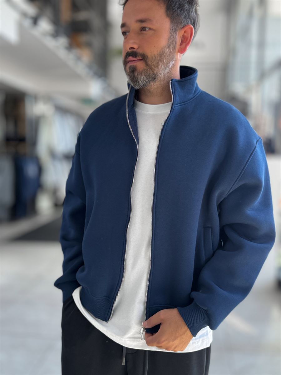 Navy Collared Zip-Up Oversized Sweatshirt PM-109