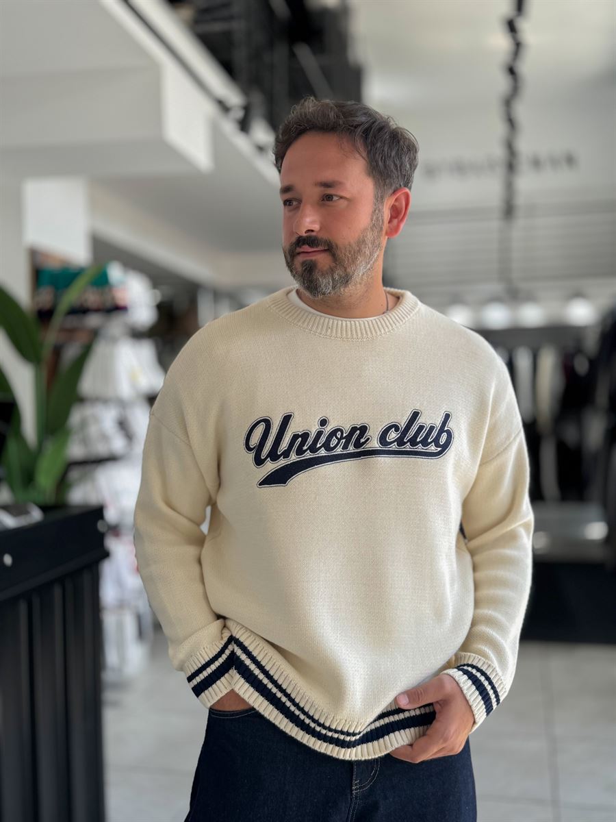 Beige Union Club Embroidered Knit Sweatshirt PM-018