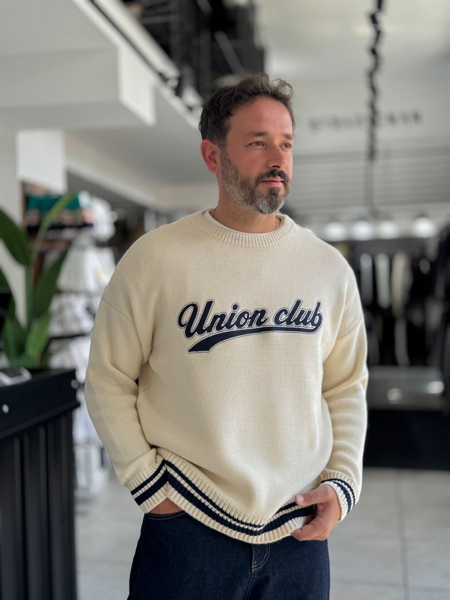Beige Union Club Embroidered Knit Sweatshirt PM-018