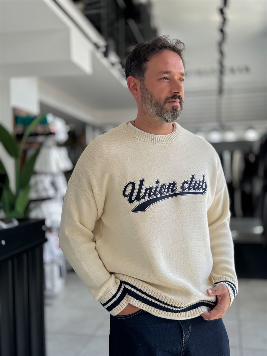 Beige Union Club Embroidered Knit Sweatshirt PM-018