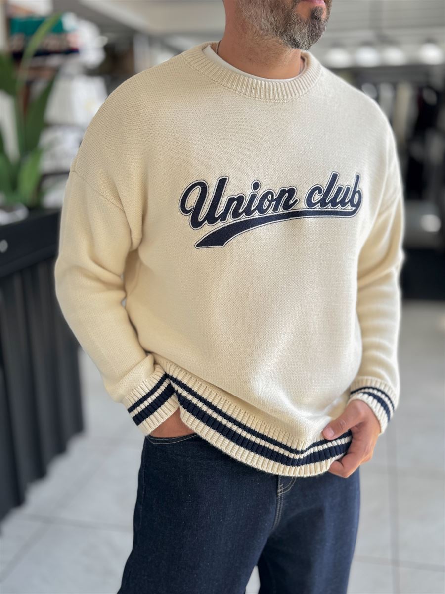Beige Union Club Embroidered Knit Sweatshirt PM-018