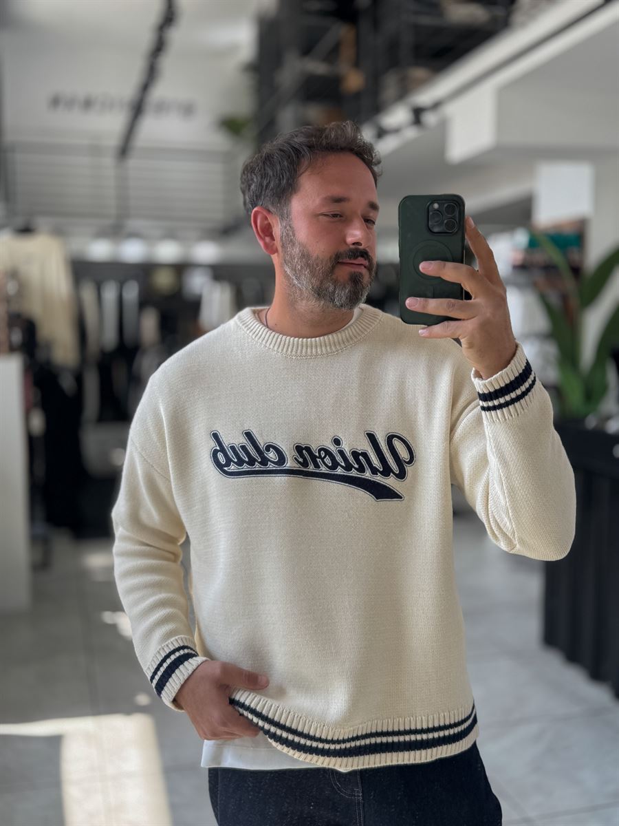 Beige Union Club Embroidered Knit Sweatshirt PM-018