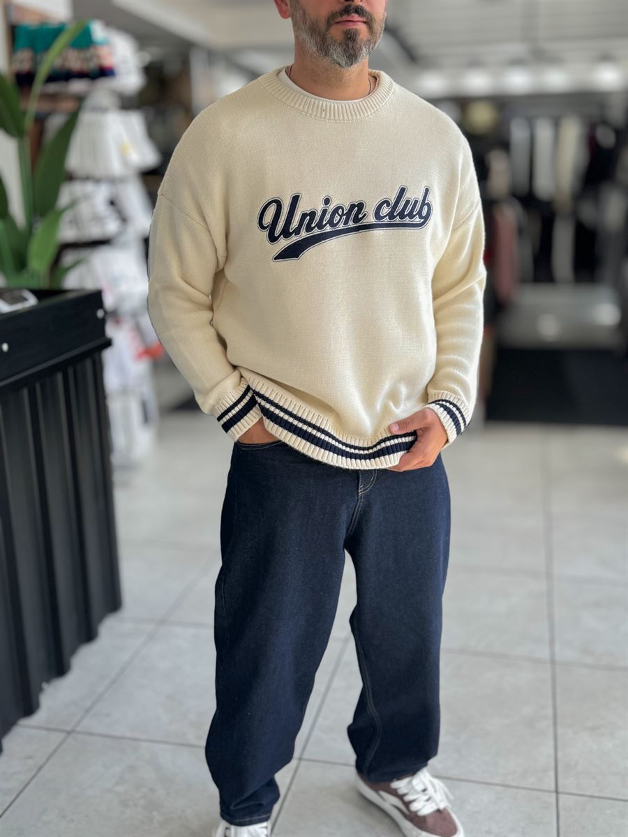 Beige Union Club Embroidered Knit Sweatshirt PM-018