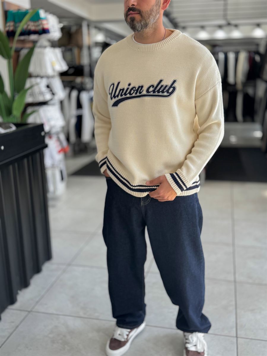 Beige Union Club Embroidered Knit Sweatshirt PM-018