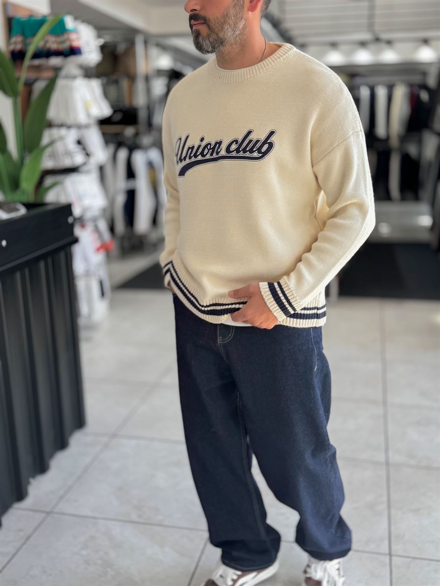 Beige Union Club Embroidered Knit Sweatshirt PM-018