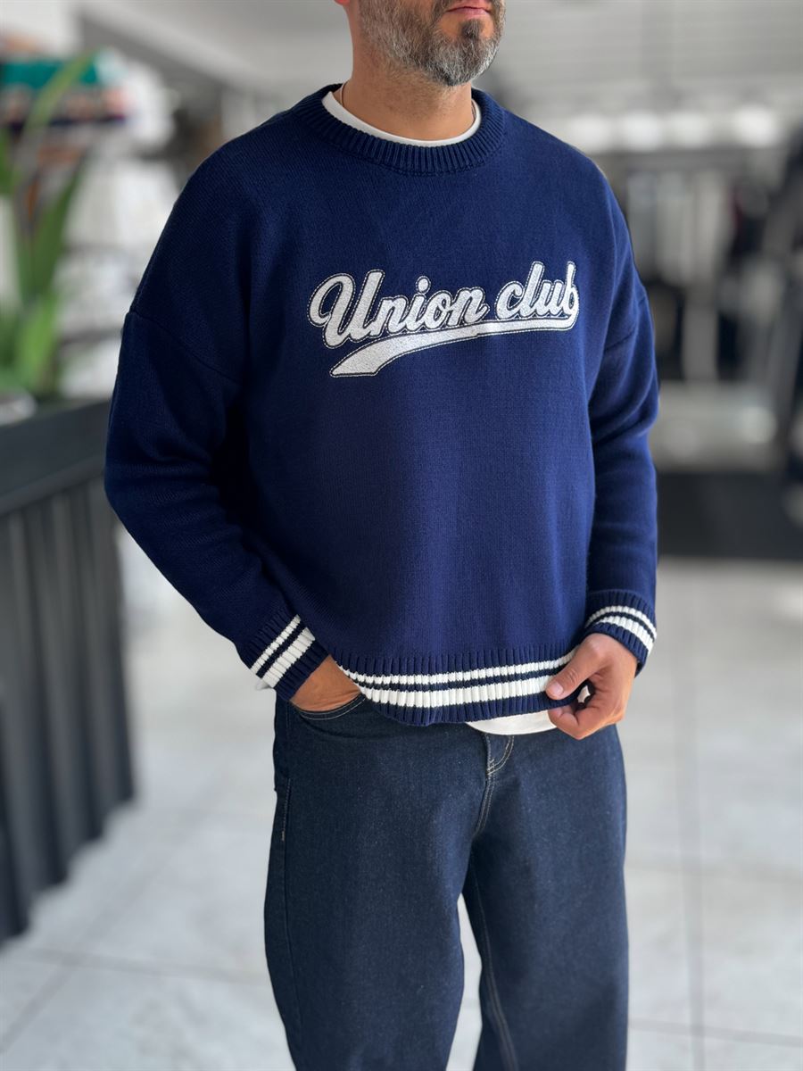 Navy Union Club Embroidered Knit Sweatshirt PM-018