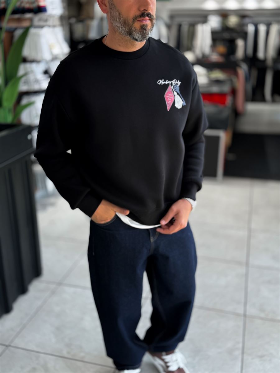 Black Members Embroidered Oversized Sweatshirt RES-5016