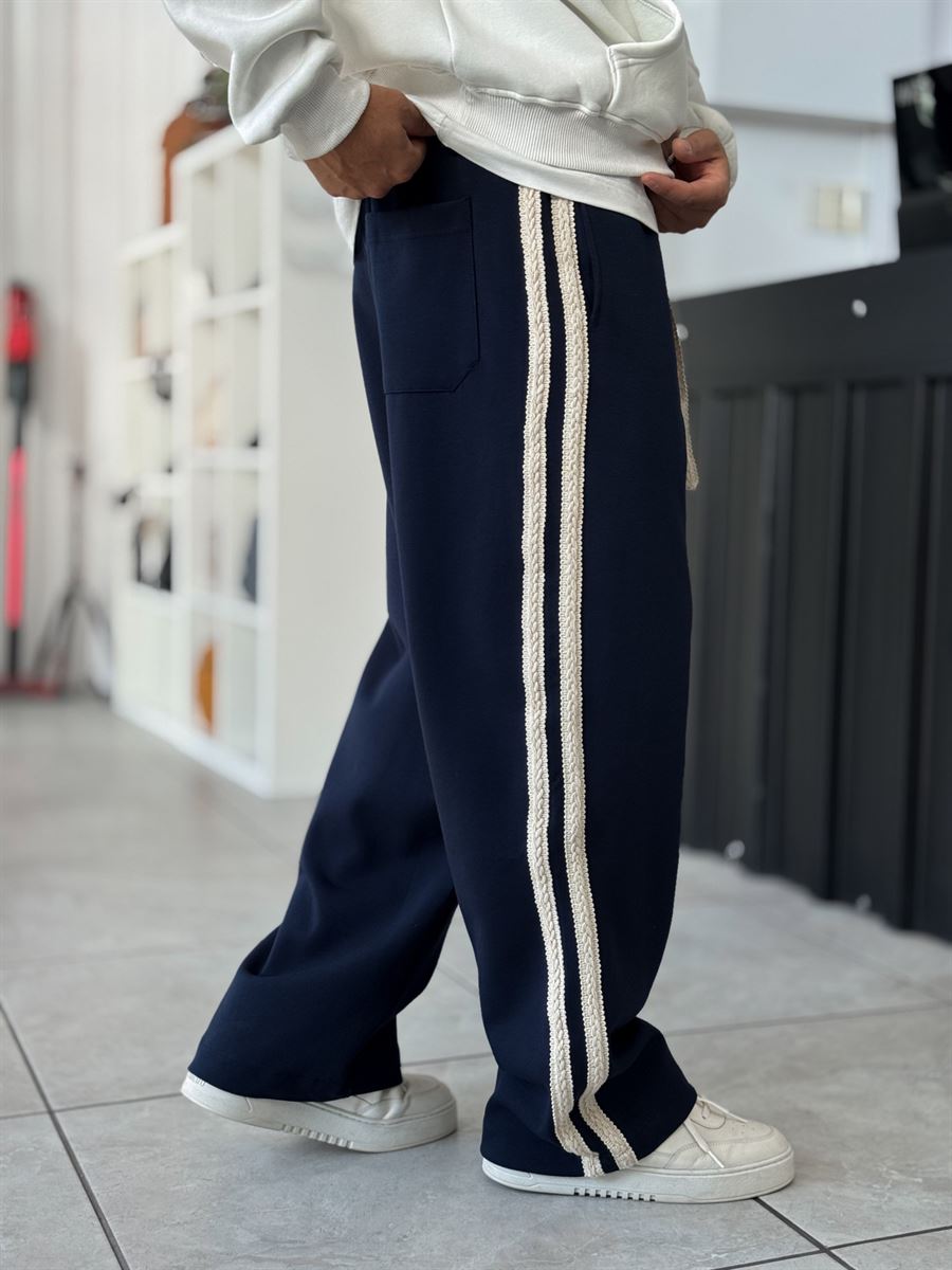 Navy Knit Stripe Baggy Sweatpants WE-5135