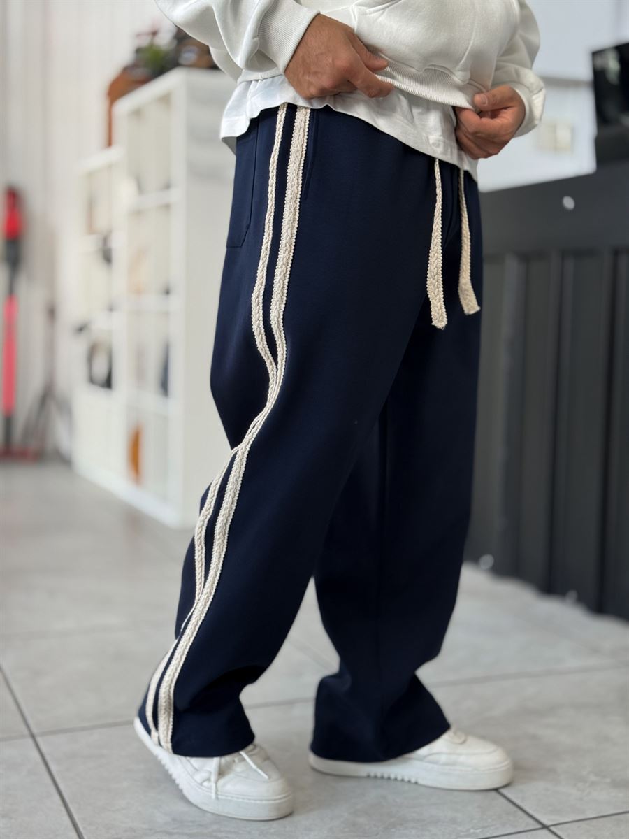 Navy Knit Stripe Baggy Sweatpants WE-5135