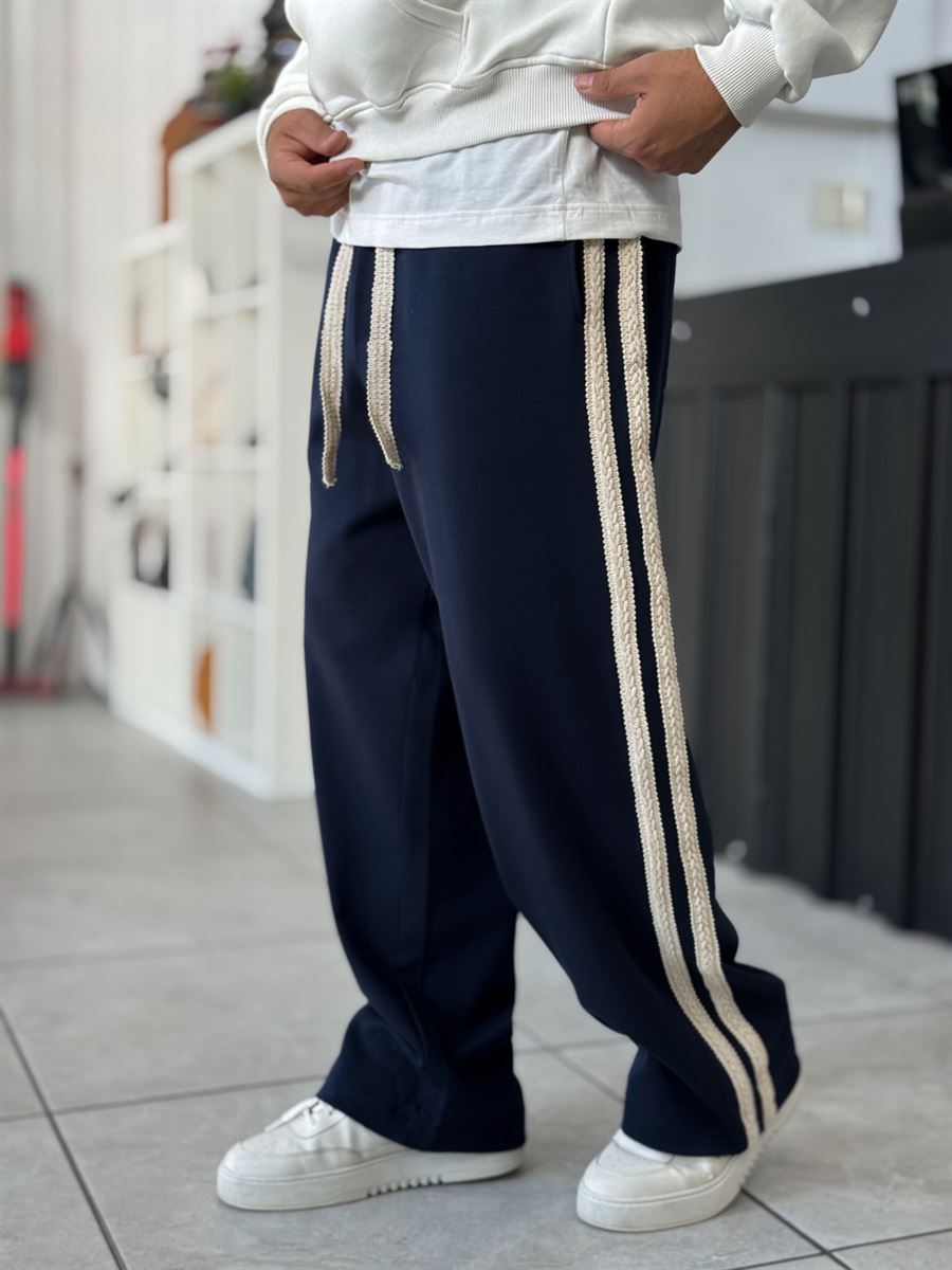 Navy Knit Stripe Baggy Sweatpants WE-5135