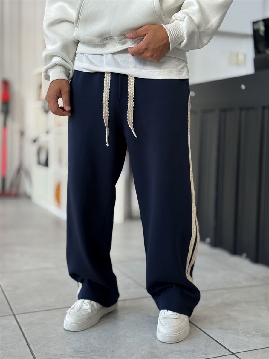 Navy Knit Stripe Baggy Sweatpants WE-5135