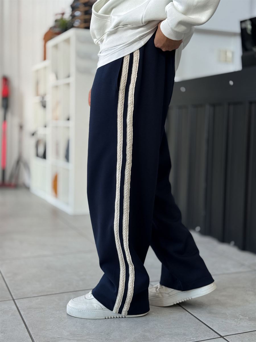 Navy Knit Stripe Baggy Sweatpants WE-5135