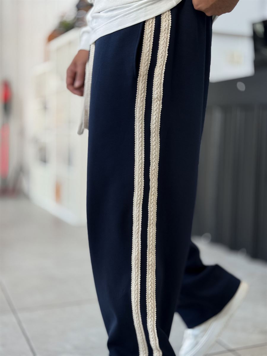 Navy Knit Stripe Baggy Sweatpants WE-5135