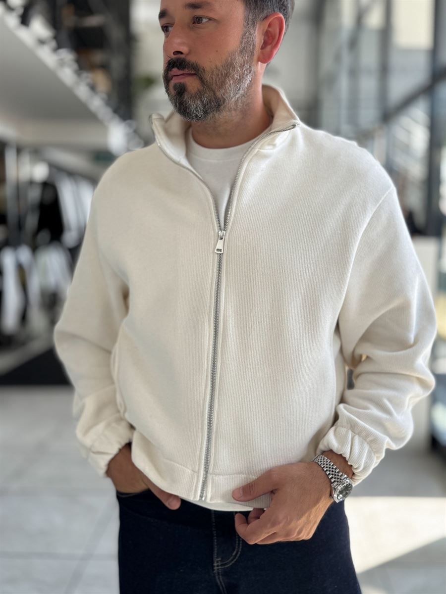Beige Knitted Zip-Up Knit Sweatshirt HM-